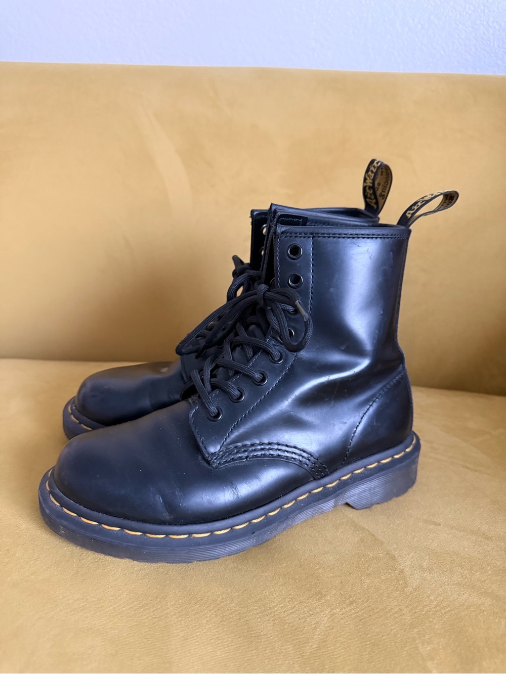 Dr. Martens size 6 women’s Leather 8-Eye Lace-Up Boots with Yellow Stitching